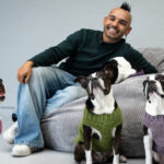 Kfm 94.5 presenter Carl Wastie with his four Boston Terriers, Chester, Chardonnay, Chilli and Champagne