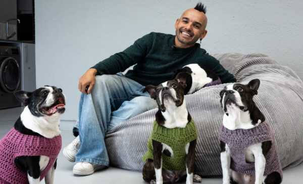 Kfm 94.5 presenter Carl Wastie with his four Boston Terriers, Chester, Chardonnay, Chilli and Champagne